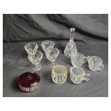 Collection of Cut Glass Tableware including Creamers, Dish, and Goblets