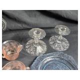Vintage Glassware Collection Including Bowls, Plates, and Candle Holders