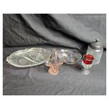 Collection of 5 Vintage Glass Pieces including Pink Basket and Etched Serving Dish