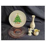 Vintage Christmas Dish, Angel Figurine, and Creamer