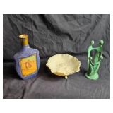 Blue Jim Beam Bottle, Floral Dish, Green Figurine