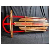 Beautifully Restored Red Metal and Wood Snow Sled with Rope Handle