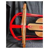 Beautifully Restored Red Metal and Wood Snow Sled with Rope Handle