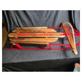 Beautifully Restored Red Metal and Wood Snow Sled with Rope Handle