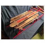 Beautifully Restored Red Metal and Wood Snow Sled with Rope Handle