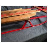 Beautifully Restored Red Metal and Wood Snow Sled with Rope Handle