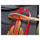 Beautifully Restored Red Metal and Wood Snow Sled with Rope Handle