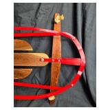 Beautifully Restored Red Metal and Wood Snow Sled with Rope Handle