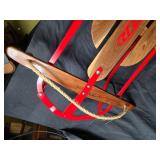 Beautifully Restored Red Metal and Wood Snow Sled with Rope Handle