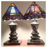 Pair of Beautiful Marble Base and Tiffany Style Stained Glass Table Lamps