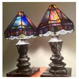 Pair of Beautiful Marble Base and Tiffany Style Stained Glass Table Lamps