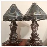 Pair of Beautiful Marble Base and Tiffany Style Stained Glass Table Lamps