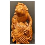 Hand Carved Monkey and Bird Figurine