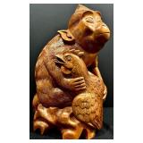 Hand Carved Monkey and Bird Figurine