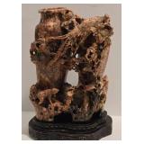 Detailed Vintage Soapstone Carved Double Vase on Metal Base
