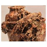 Detailed Vintage Soapstone Carved Double Vase on Metal Base