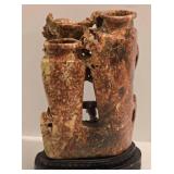 Detailed Vintage Soapstone Carved Double Vase on Metal Base