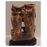Detailed Vintage Soapstone Carved Double Vase on Metal Base