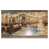 Large Vietnamese Lacquer on Flattened Eggshells with Gold Leaf Accents Painting