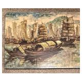 Large Vietnamese Lacquer on Flattened Eggshells with Gold Leaf Accents Painting