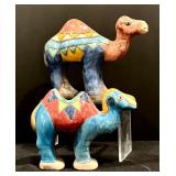 Two Handcrafted South African Colorful Camel Pottery Figurines