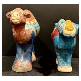 Two Handcrafted South African Colorful Camel Pottery Figurines