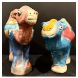 Two Handcrafted South African Colorful Camel Pottery Figurines