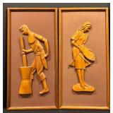 Vintage Mid Century Carved Teak on Board Framed Figurines
