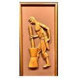 Vintage Mid Century Carved Teak on Board Framed Figurines