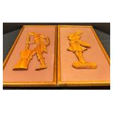 Vintage Mid Century Carved Teak on Board Framed Figurines