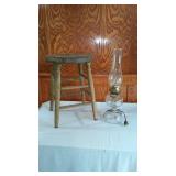 Vintage Wooden Stool and Electrified Oil Lamp.