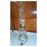 Vintage Wooden Stool and Electrified Oil Lamp.