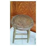 Vintage Wooden Stool and Electrified Oil Lamp.