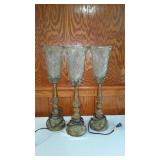 Set of 3 Vintage Glass and Brass Colored Table Lamps