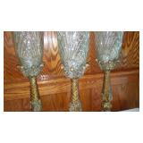 Set of 3 Vintage Glass and Brass Colored Table Lamps