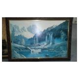 Collection of 3 Framed Artworks: Waterfall Scene by Whitman, Parisian Promenade, and Floral Landscape