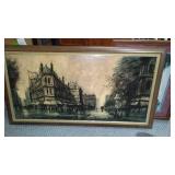 Collection of 3 Framed Artworks: Waterfall Scene by Whitman, Parisian Promenade, and Floral Landscape