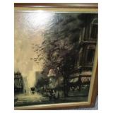 Collection of 3 Framed Artworks: Waterfall Scene by Whitman, Parisian Promenade, and Floral Landscape