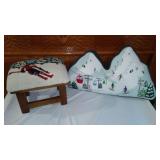 Vintage Ski-Inspired Stool and Decorative Mountain Cushion