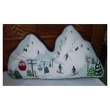 Vintage Ski-Inspired Stool and Decorative Mountain Cushion