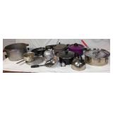 Assorted Cookware Collection including Pots, Pans, and Kettles