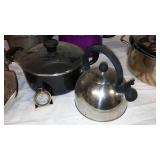 Assorted Cookware Collection including Pots, Pans, and Kettles