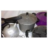 Assorted Cookware Collection including Pots, Pans, and Kettles