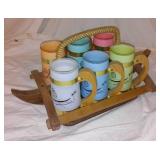 Vintage Siesta Ware Tiki Mugs with Wood Outrigger Canoe Carrier.