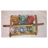 Vintage Siesta Ware Tiki Mugs with Wood Outrigger Canoe Carrier.