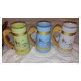 Vintage Siesta Ware Tiki Mugs with Wood Outrigger Canoe Carrier.