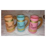 Vintage Siesta Ware Tiki Mugs with Wood Outrigger Canoe Carrier.