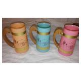 Vintage Siesta Ware Tiki Mugs with Wood Outrigger Canoe Carrier.