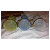 Vintage Siesta Ware Tiki Mugs with Wood Outrigger Canoe Carrier.