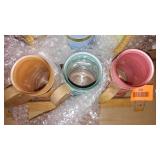 Vintage Siesta Ware Tiki Mugs with Wood Outrigger Canoe Carrier.